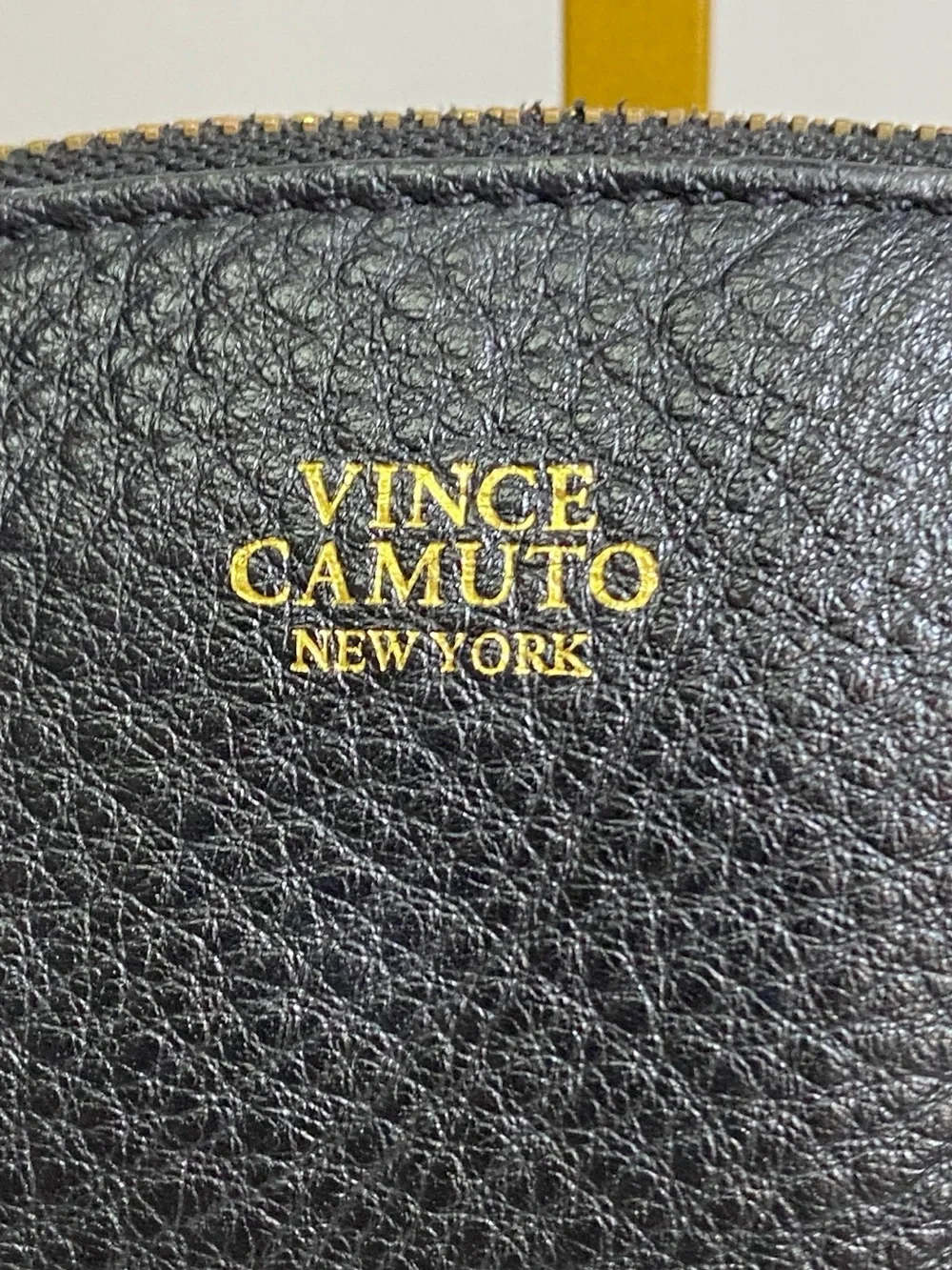 Vince Camuto Quilted Pebbled Leather Tote Black Gold Zip Shopper
